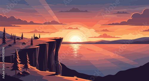 Pixel Art Sunset Over Ocean Cliffside Landscape