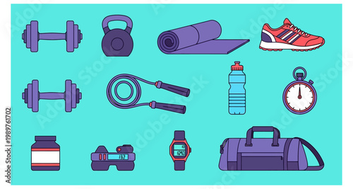 Colorful illustration depicting various fitness equipment and accessories for workouts