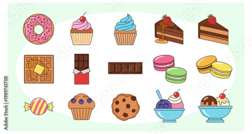 An assortment of colorful and delightful desserts displayed on a light green background