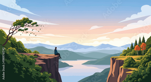 Person sitting on cliff edge overlooking vast mountain landscape and lake at sunset