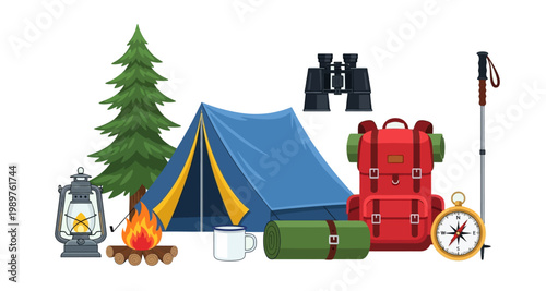 A colorful illustration depicts camping equipment including a tent backpack and campfire