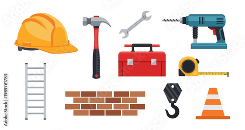Construction tools including a hard hat hammer drill and toolbox are displayed