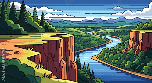 Pixel Art Landscape: River Canyon with Green Hills and Mountains