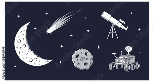 A celestial scene featuring a crescent moon shooting star telescope and space exploration
