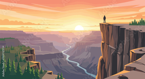 Pixel Art Man Standing on Cliff Edge Overlooking Grand Canyon Sunset