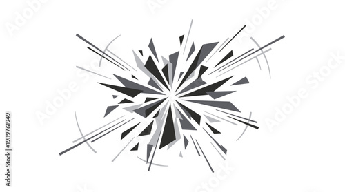Abstract Geometric Explosion with Shattered Fragments and Radial Lines, isolated white background.