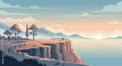 Pixel Art Coastal Cliff Overlook at Sunset with Ocean View