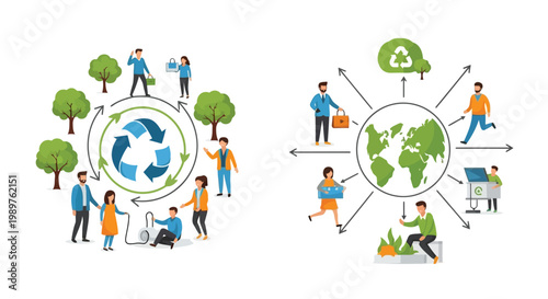 People engaged in recycling and global environmental sustainability isolated on white background