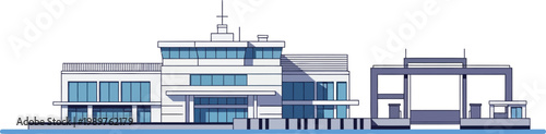 Modern seaport terminal building front elevation flat vector isolated white background
