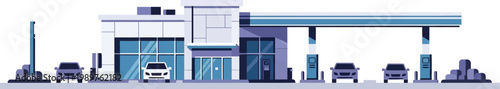 Modern gas station service building front elevation flat vector isolated white background