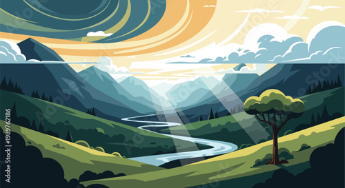 Pixel Art Landscape: Sunbeams Shine Through Mountains on a Winding River