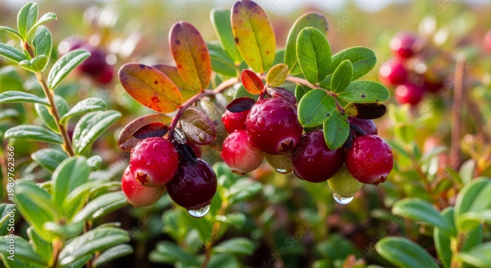 Obraz premium Plump Red Cranberries Growing on a Bush