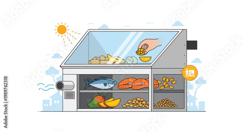 Food preparation display case with various items and hand isolated on white background