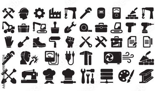 Industrial construction icons set, professional work tools and machinery vector collection, black silhouette labor and trade symbols for manual service