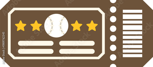 Brown baseball game ticket with stars and ball showing entry to a sporting event