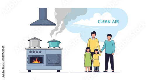 Family enjoying clean air beside a stove with cooking pots isolated on white background