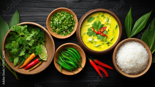 Overhead shot of a vibrant Thai green curry served in wooden bowls alongside fresh herbs, rice, and colorful chili peppers arranged on a dark wooden surface.