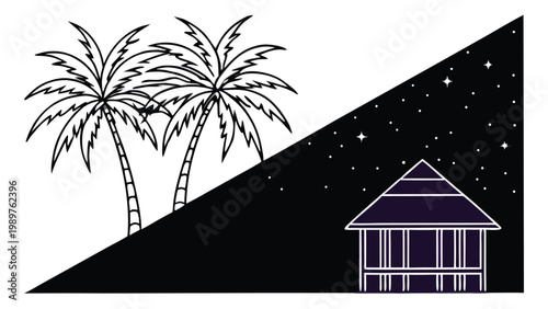 Split view of tropical palm trees in daylight and a hut under a starry night sky