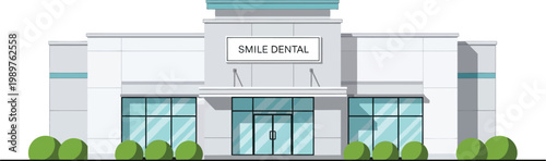 Modern dental clinic building front elevation flat vector isolated white background