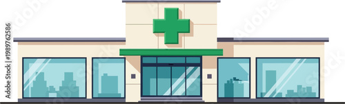 Modern pharmacy store building front elevation flat vector isolated white background