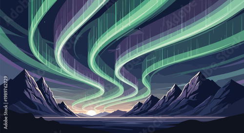 Pixel Art Aurora Borealis Over Snowy Mountains and Calm Lake