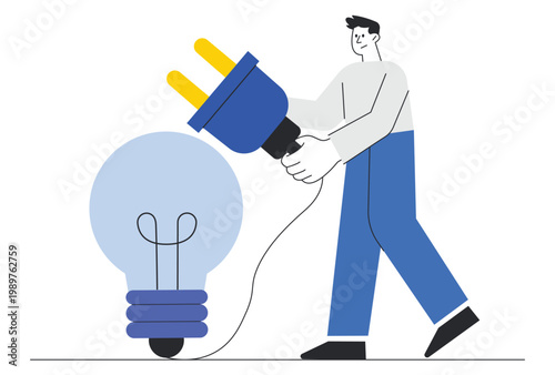 Man carrying a massive electrical cord to power up a large light bulb symbolizing the birth of a new business idea.