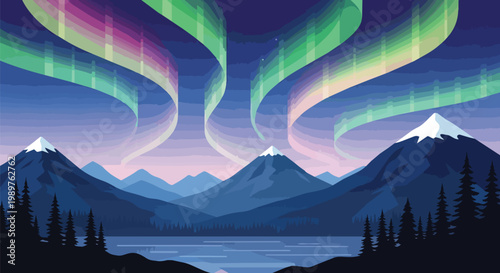Vibrant Aurora Borealis over Snow-Capped Mountains and Serene Lake