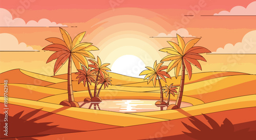 Desert Oasis Sunset: Palm Trees, Sand Dunes, and Water Reflection