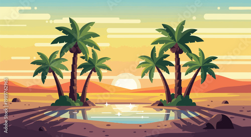 Pixel Art Desert Oasis with Palm Trees and Sunset Reflection