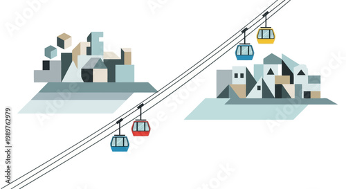 Gondola lifts connecting abstract mountain villages flat design isolated on white background