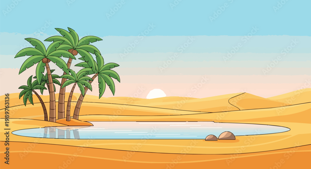 Fototapeta premium Pixel Art Oasis with Palm Trees and Desert Dunes at Sunset