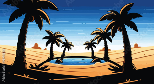 Pixel Art Oasis with Palm Trees and Desert Landscape