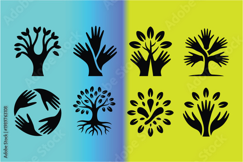 Eco friendly nature concept icons with hands forming trees and leaves symbolizing environmental care and sustainability