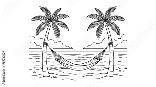 Classic Tropical Beach Hammock Between Palm Trees by Ocean, isolated white background.