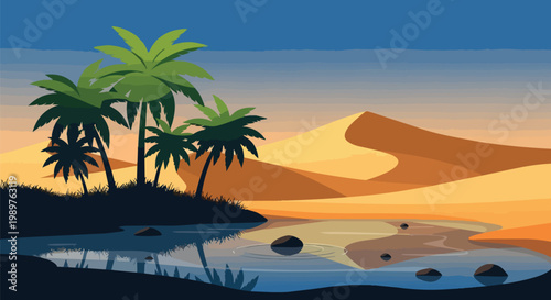 Desert Oasis Landscape with Palm Trees and Sand Dunes at Sunset