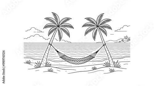 Idyllic Tropical Beach with Hammock and Palm Trees by Ocean, isolated white background.