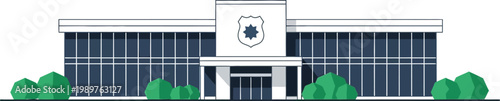 Illustration of a police station building with a badge emblem, featuring modern architecture and surrounding greenery