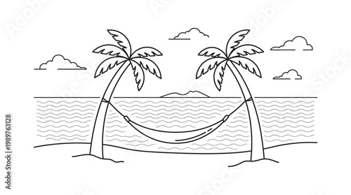 Serene Beach Hammock Hanging from Palm Trees by Calm Ocean, isolated white background.