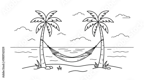 Tropical Beach Hammock with Palm Trees Outline Drawing on Isolated White Background, Vacation Relaxation Scene