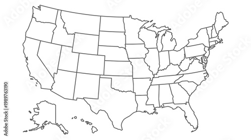 Outline Map of USA with All State Divisions on Isolated White Background, American Continent Map