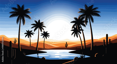 Desert Oasis Sunset Silhouette with Palm Trees and Cacti