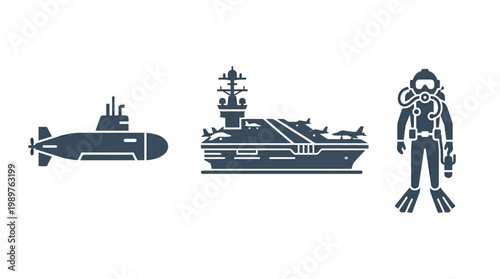 Naval Military Vehicles and Scuba Diver Silhouettes Set on Isolated White Background