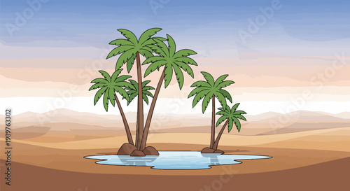 Oasis with Palm Trees in a Desert Landscape