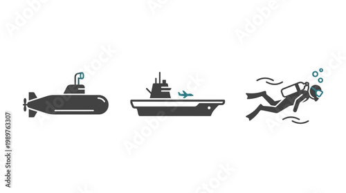 Monochrome Naval and Scuba Diver Icons: Submarine, Aircraft Carrier, Diver on Isolated White Background