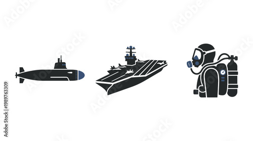Modern Naval and Scuba Diver Icons: Submarine, Aircraft Carrier, Diver on Isolated White Background
