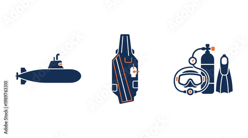 Set of Naval and Diving Icons: Submarine, Aircraft Carrier, Scuba Gear on Isolated White Background