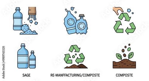 Recycling icons for plastic bottles and composting plants isolated on white background