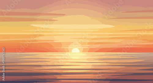 Pixel Art Sunset Over Calm Ocean, Warm Sky Colors, Digital Landscape