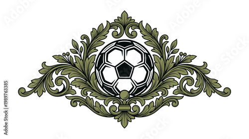 Engraved Soccer Ball with Ornate Green and Gold Baroque Frame on Isolated White Background
