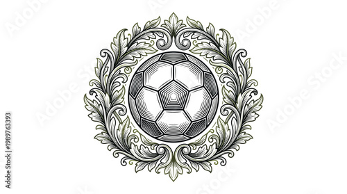 Engraved Soccer Ball with Intricate Vintage Floral Frame on Isolated White Background